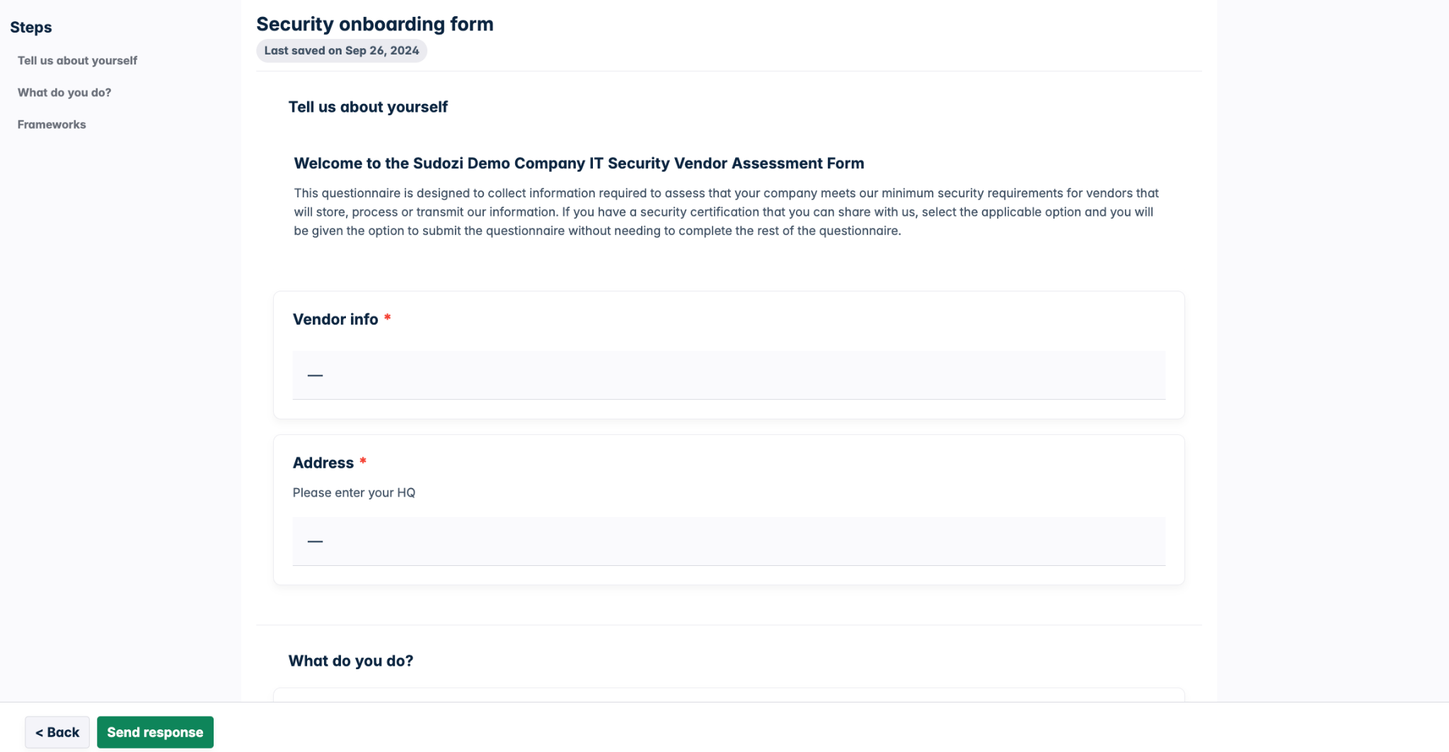 Screenshot of the Security onboarding form, showing the "Tell us about yourself" step with required input fields for Vendor info and Address, and a "Send response" button at the bottom.